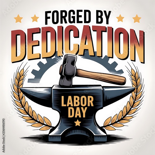 Forged by dedication labor day illustration with anvil hammer and wheat