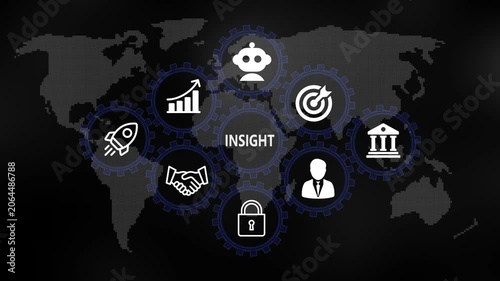 Insight for Business and Finance Concept. Rotating gear mechanism process settings icon animation. Technology, Internet and network concept on world background. 4k video
