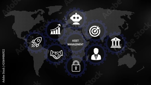 Asset management for Business and Finance Concept. Rotating gear mechanism process settings icon animation. Technology, Internet and network concept on world background. 4k video