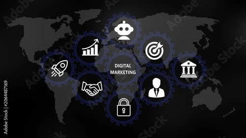 Digital marketing for Business and Finance Concept. Rotating gear mechanism process settings icon animation. Technology, Internet and network concept on world background. 4k video