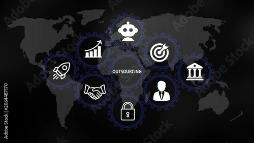 Outsourcing for Business and Finance Concept. Rotating gear mechanism process settings icon animation. Technology, Internet and network concept on world background. 4k video