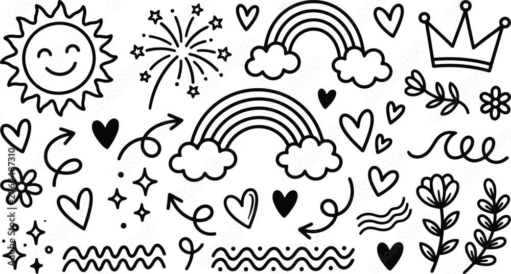 Fototapeta premium Black and white hand drawn doodle set featuring cute sun rainbows hearts flowers stars arrows and a royal crown icon