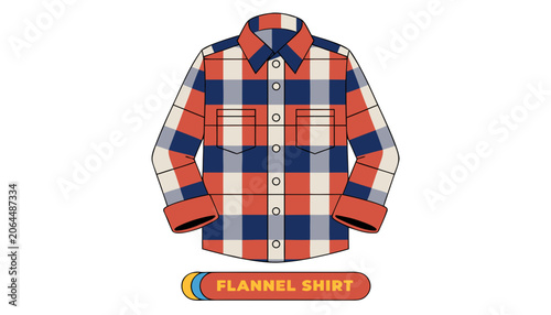 Very beautiful realistic vector illustration of a classic FLANNEL SHIRT featuring a clean plaid pattern, button-front design, folded sleeves, and comfortable casual styling, isolated on white backgrou