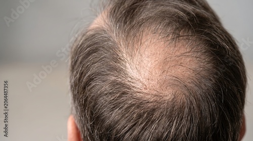 Close-up view of a man's head showing a circular bald spot on the crown with thinning dark hair around it.