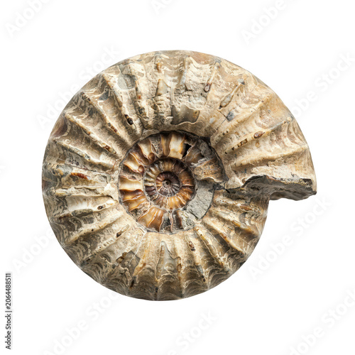Single fossilized ammonite shell displaying detailed spiral chambers and natural earth-toned textures, prehistoric marine life, isolated on white