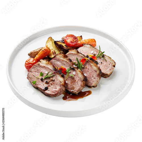 Sliced roasted duck breast served with roasted potatoes, cherry tomatoes, and fresh herbs on a round white plate, isolated on white background