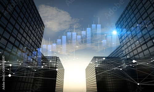 Global business intelligence network system showing international real estate development indicators and financial trading data on sky background, smart macroeconomic infrastructure conceptual visual.