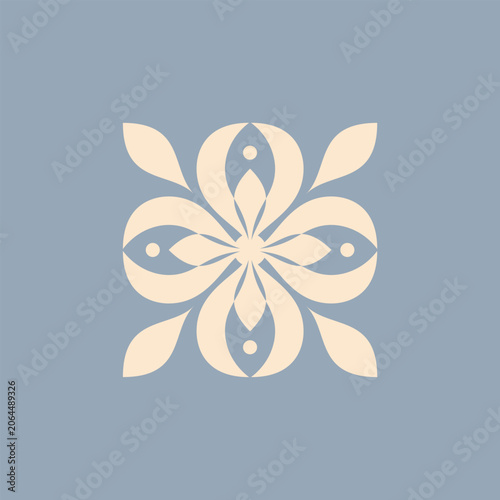 Minimalist botanical emblem in soft beige on a muted blue background
