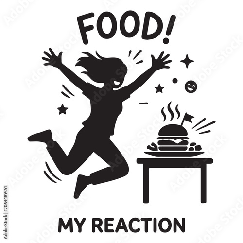 Woman jumping with reaction to tasty food, reaction