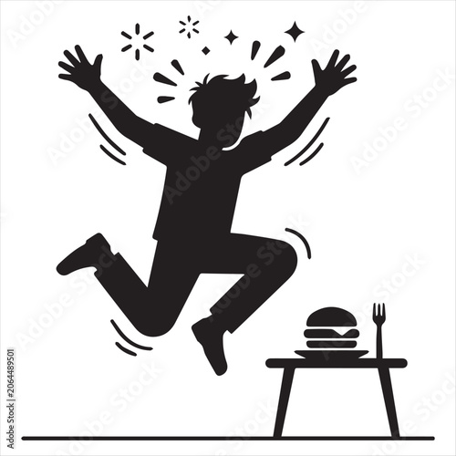 Happy character jumping celebrating fast food meal