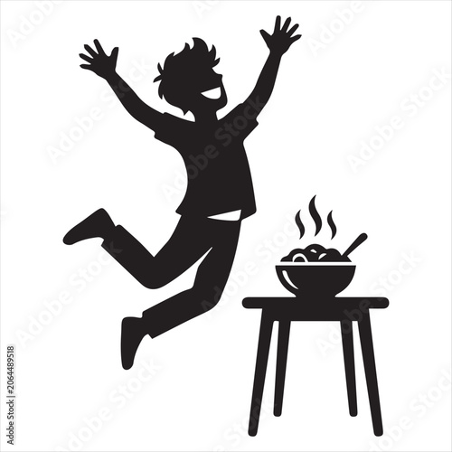 Excited person jumping for delicious meal with isolated