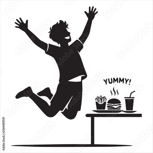 Happy person jumping for fast food combo meal