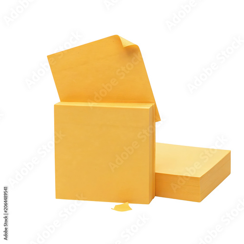 Stack of square yellow sticky notes with one sheet peeling off the isolated on a white background, for office and, stationery concepts