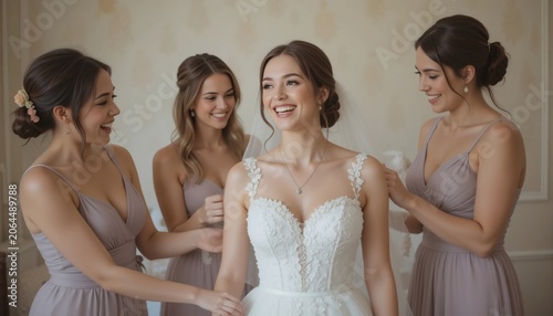 Bride Getting Ready With Bridesmaids Before Wedding