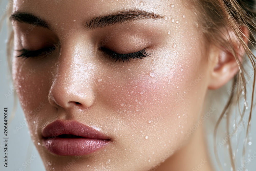 Fototapeta premium Serene beauty portrait of a woman with eyes closed and dewy skin covered in water droplets. Spa treatment, relaxation and skin hydration concept.