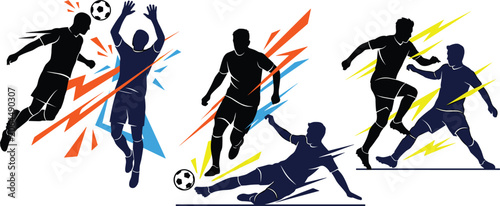 Obraz na płótnie Soccer player vector silhouette action set with dynamic colorful abstract geomet