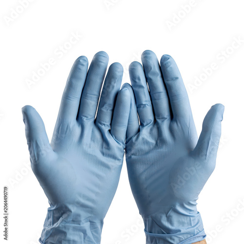 Two hands wearing light blue nitrile gloves held up with palms facing forward, isolated on a white background, showing safety and hygiene