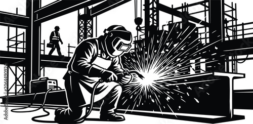 Photos Industrial steel welder working on construction site vector illustration featuring worker in protective mask welding i-beam structures with bright sparks in retro linocut style