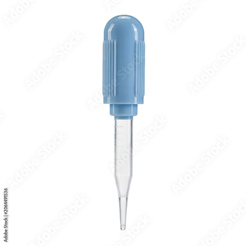 A blue plastic liquid medicine dropper with graduated measurement markings on the transparent glass tip, isolated on a white background