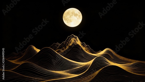Golden mountain waves under moonlight