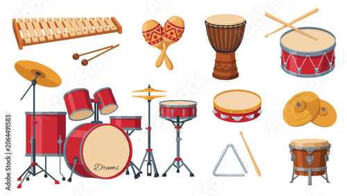 Set of colorful musical instruments for kids on table