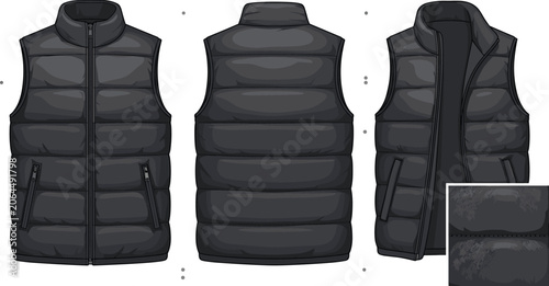 Photos Men Black Puffer Vest Vector Mockup Set with Front Back and Open Views for Winte