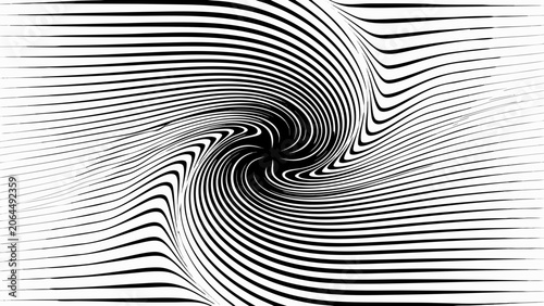 Black and white wavy lines create an optical illusion pattern with a swirling distorted effect abstract art