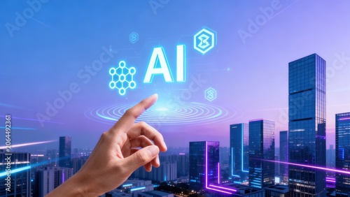 Hand interacting with AI hologram in cityscape