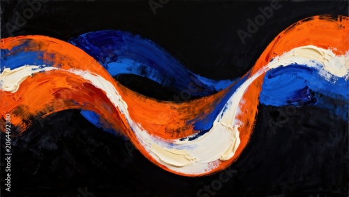 Abstract painting with flowing orange blue and white colors