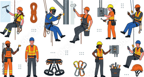 Industrial Rope Access and High Altitude Worker Vector Set with Window Cleaner Welder Painter and Safety Equipment Icons