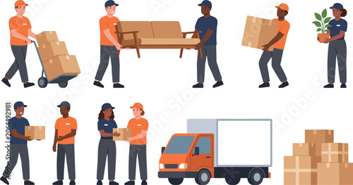 Canvastavla Professional Movers and Delivery Service Character Vector Set with Moving Truck