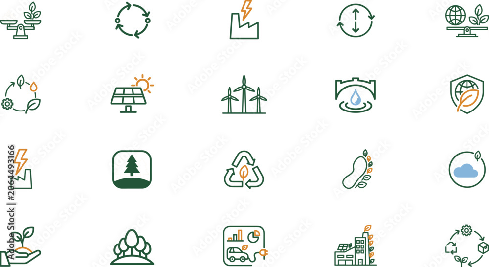Fototapeta premium Green Energy and Ecology Line Icon Set with Solar Panels Wind Turbines Recycling Symbols and Carbon Footprint for Environmental Conservation Vector Designs