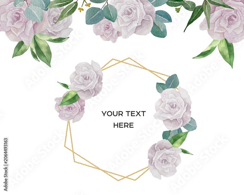 Watercolor Floral Frame with Roses and Eucalyptus Leaves