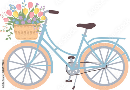 Vintage bicycle with flower basket isolated on transparent background. Charming spring and countryside vector illustration featuring tulips and blooming flowers for seasonal designs.