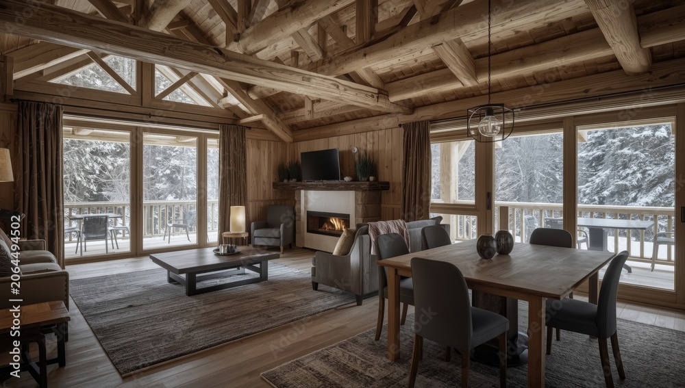 Obraz premium Cozy wooden cabin interior with large windows and snow view