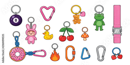 Konstfotografi Cute colorful keychains and metal carabiners flat vector accessory element set