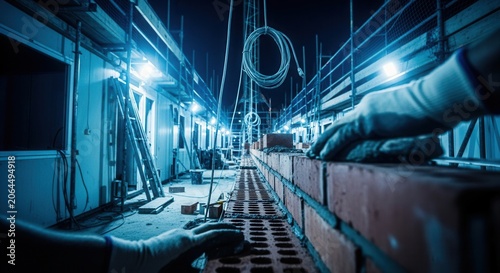 Construction Site At Night Bricklaying And Scaffolding