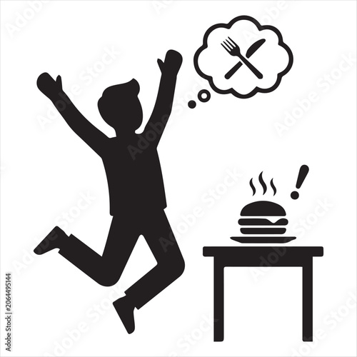 Happy boy jumping near hot hamburger illustration