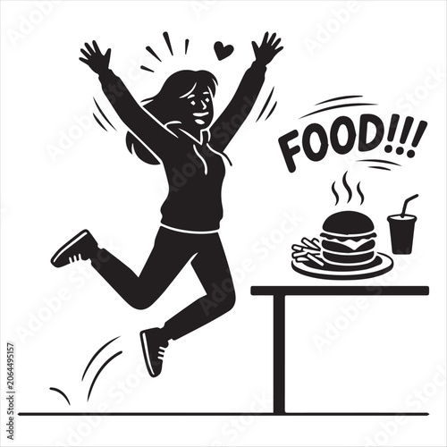 Happy girl jumping with fast food meal illustration