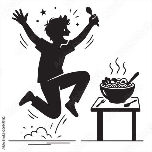 Boy jumping with joy for hot noodle meal vector