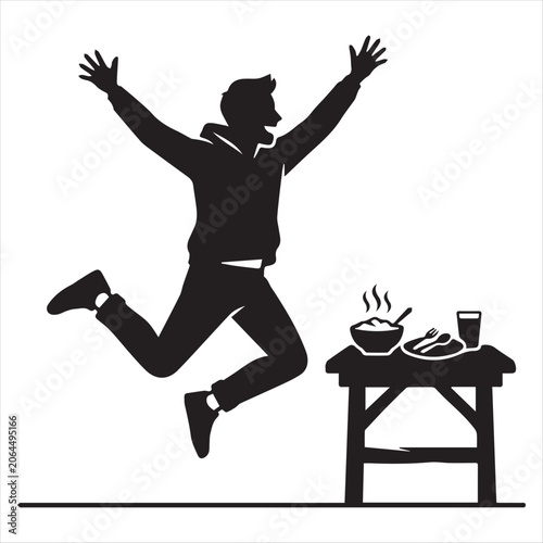 Happy person jumping near table with food plate