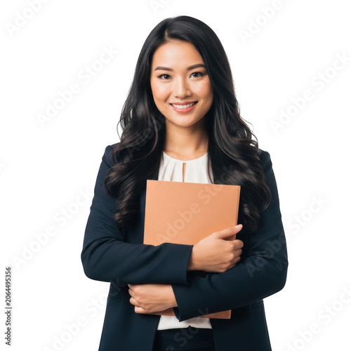 Young asian woman in business attire holding a folder isolated on transparent background