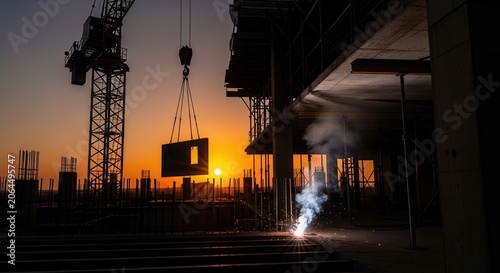 Construction Site At Sunset Crane Lifting Component Welding Sparks Fly