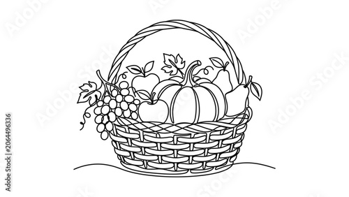 Harvest Fruit Basket Outline - Autumn Bounty of Apples, Grapes, Pumpkin, Pear