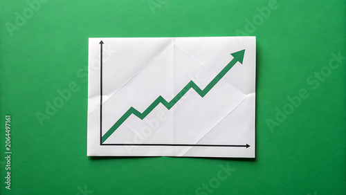 A white paper sheet with a hand-drawn black and green line graph showing an upward trend of growth on a solid green background surface