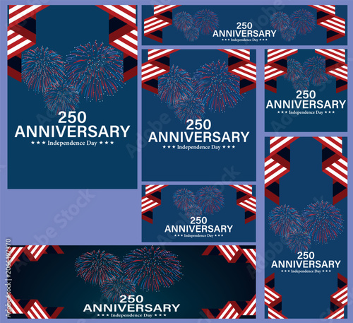 USA 250th anniversary Independence Day element set; 4th of July semiquincentennial circle badge icon collection, American flag stars stripes template isolated on transparent background