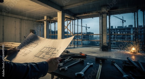 Construction Site Blueprint Review Amidst Rainy Day Progress