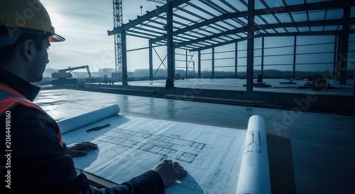 Construction Site Blueprint Review And Project Planning For Future Development