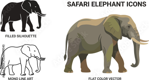 Photography Safari Elephant Graphics: Silhouette, Line Art, and Flat Color