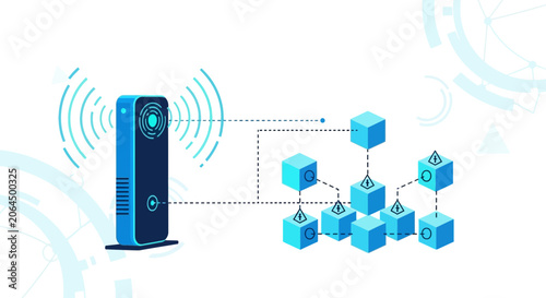 Wireless Router Connecting to Blockchain Network with Data Blocks and Security Icons